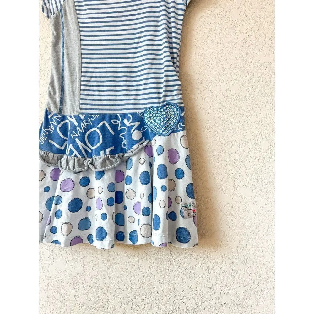 Naartjie Striped Sequin Heart Multi Fabric Blue Dress, Size 5